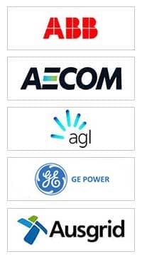 Five company logos displayed vertically: ABB, AECOM, AGL, GE Power, and Ausgrid, each in its respective brand style.