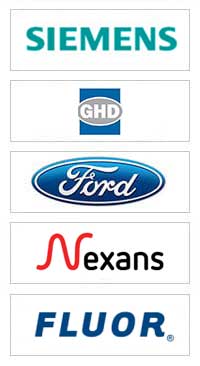 Logos of five companies displayed vertically: Siemens, GHD, Ford, Nexans, and Fluor.