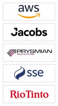 Five company logos in order: AWS, Jacobs, Prysmian Cables & Systems, SSE, and Rio Tinto, each displayed in separate boxes on a white background.