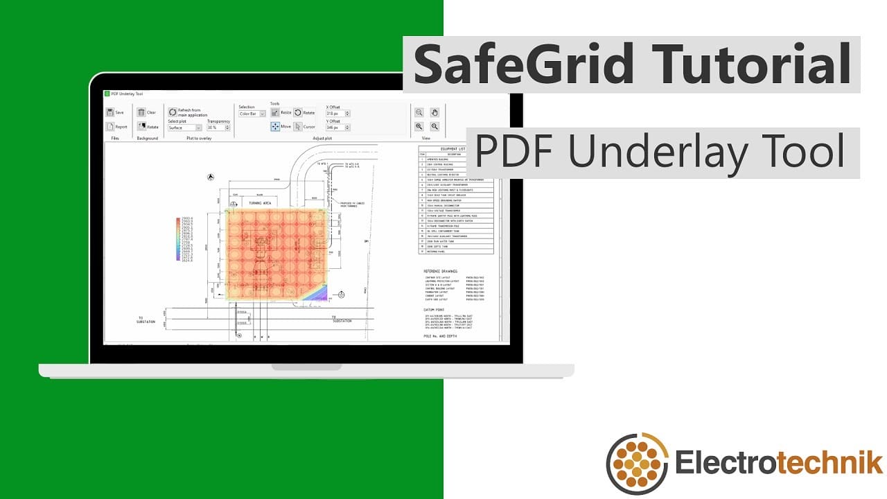 A laptop displays a SafeGrid Tutorial for the PDF Underlay Tool, with the Electrotechnik logo at the bottom right on a green and white background.