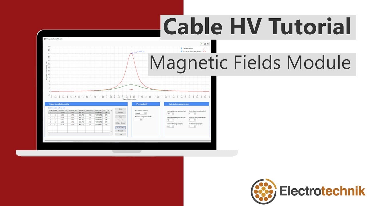A laptop screen displays a graph and data tables with the text "Cable HV Tutorial: Magnetic Fields Module" and the Electrotechnik logo in the corner.