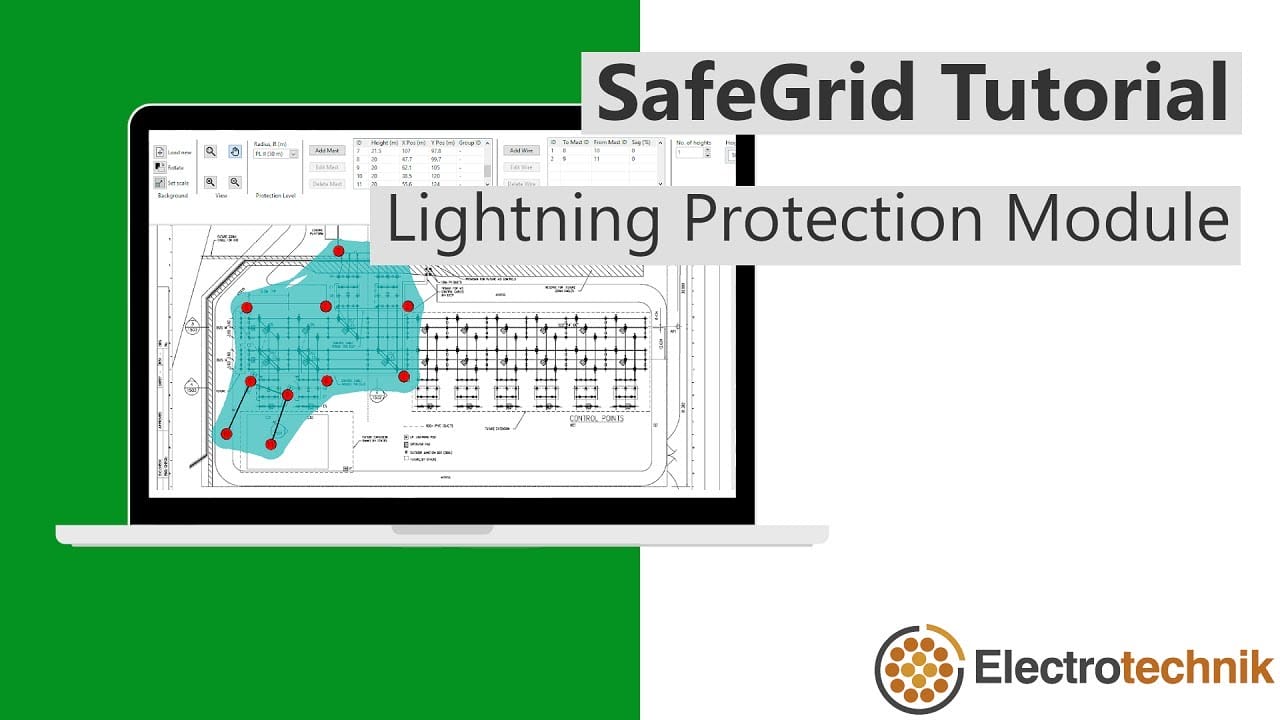 A laptop screen displays a site plan with highlighted areas and red dots, overlaid with the text "SafeGrid Tutorial Lightning Protection Module" and the Electrotechnik logo.