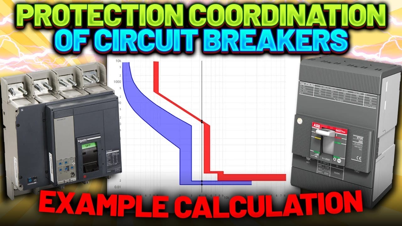 Image showing circuit breakers on both sides of a time-current curve graph, with the text "Protection Coordination of Circuit Breakers - Example Calculation" at the top and bottom.