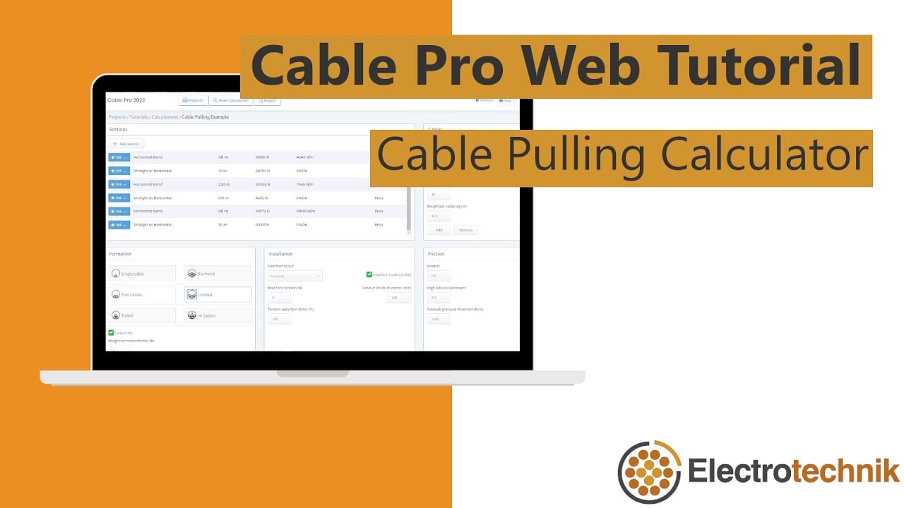 A laptop screen displays the Cable Pro Web Tutorial for the Cable Pulling Calculator by Electrotechnik, with a logo at the bottom right.