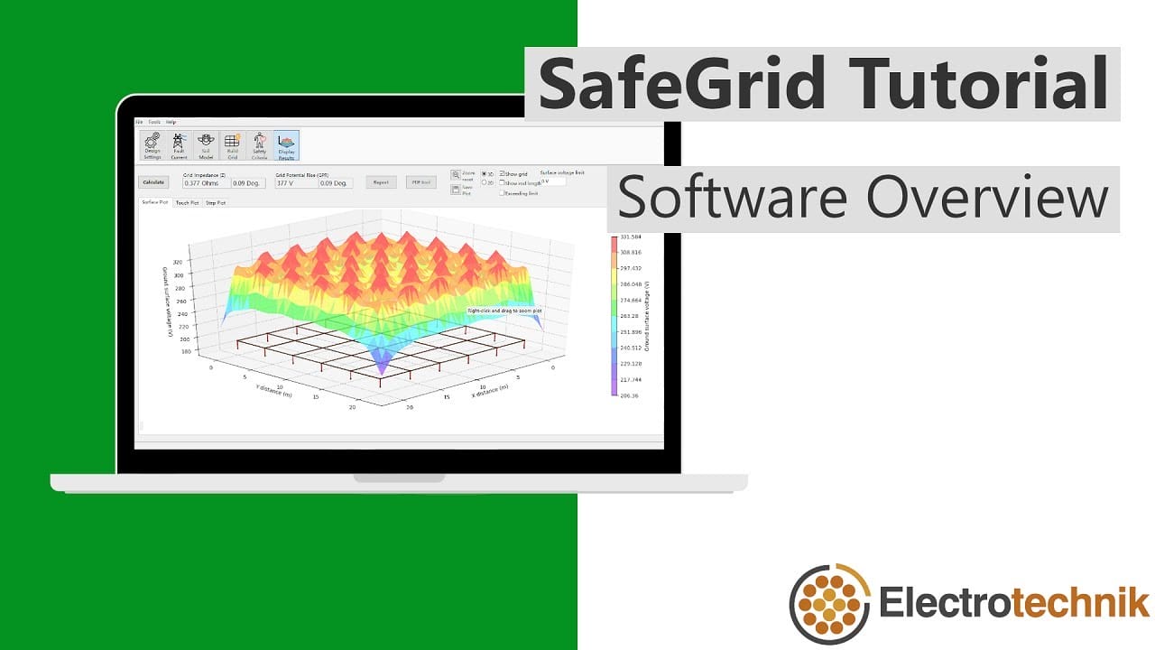 A laptop displaying a 3D graph on screen with text reading "SafeGrid Tutorial Software Overview" and the Electrotechnik logo at the bottom right.