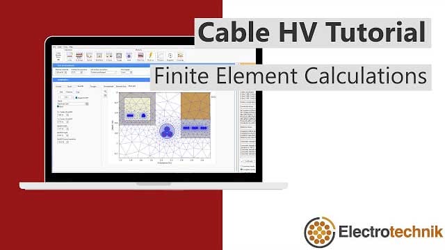 Image of a laptop screen displaying finite element calculations for a Cable HV tutorial. Logo: Electrotechnik.