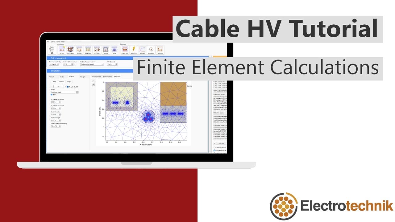 A laptop screen displays finite element analysis software. Text reads "Cable HV Tutorial Finite Element Calculations." Electrotechnik logo appears in the bottom right corner.