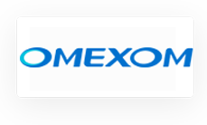 A blue and white logo with the word omecom on it.