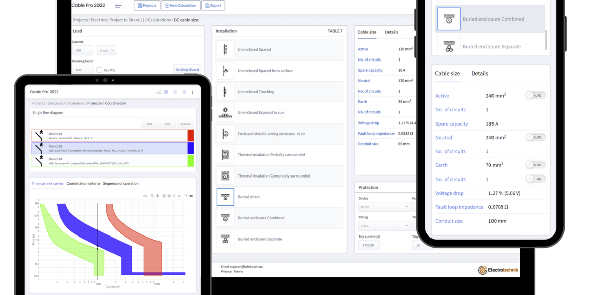 A laptop, tablet, and smartphone display cable sizing software with various graphs, tables, and settings for cable installation and protection.
