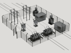 Imagen de una subestación eléctrica cercada por una valla de alambre con transformadores y líneas eléctricas conectadas a torres y equipos.