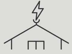 Dibujo sencillo que muestra un rayo sobre un edificio con tres líneas en la parte inferior, probablemente representando una estructura con un tema eléctrico o relacionado con la energía.