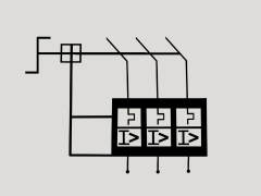 Diagrama de red que muestra tres nodos interconectados y etiquetados dentro de un rectángulo negro, cada uno con flechas que apuntan a la izquierda y a la derecha. A partir del rectángulo se extienden caminos y uniones rectangulares.