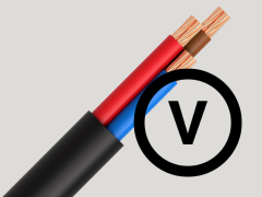 Imagen de tres cables eléctricos de colores expuestos (rojo, azul y marrón) que salen de una carcasa negra con un símbolo circular en forma de "V" a la derecha.