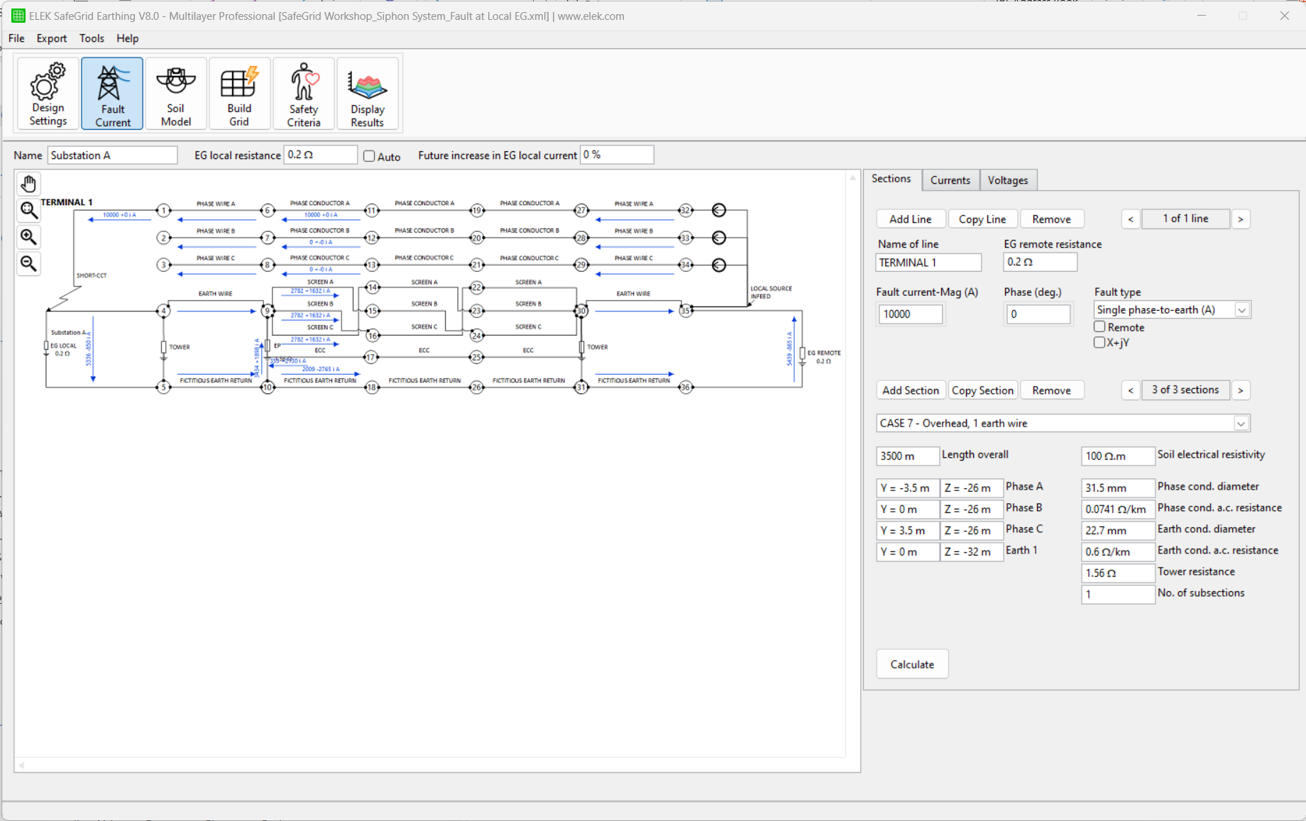 A software interface showing an electrical fault analysis diagram, including circuit elements, connections, and settings for current and voltage calculations. Various menu options are available on the top toolbar.