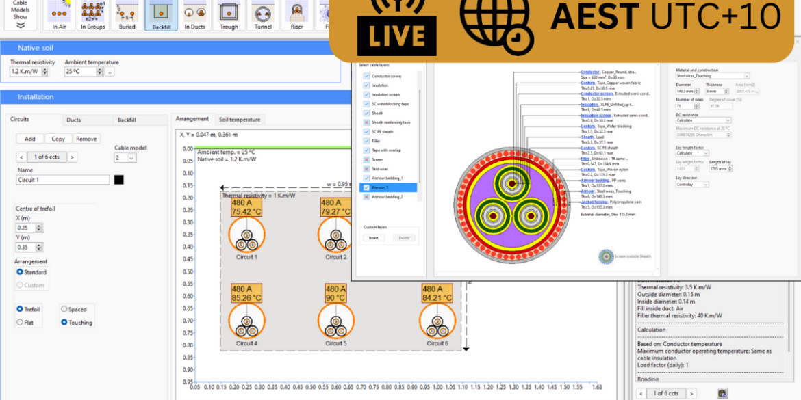 Diagram of a cable installation application showing different window interfaces with settings, graphs, and a schematic of cable layout. A live broadcast icon with "AEST UTC+10" is also displayed.