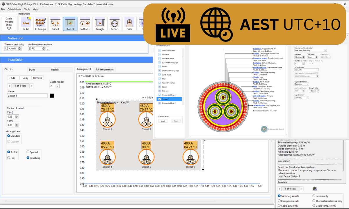 Schema einer Kabelinstallationsanwendung mit verschiedenen Fensteroberflächen mit Einstellungen, Diagrammen und einer schematischen Darstellung der Kabelführung. Es wird auch ein Live-Sendesymbol mit "AEST UTC+10" angezeigt.