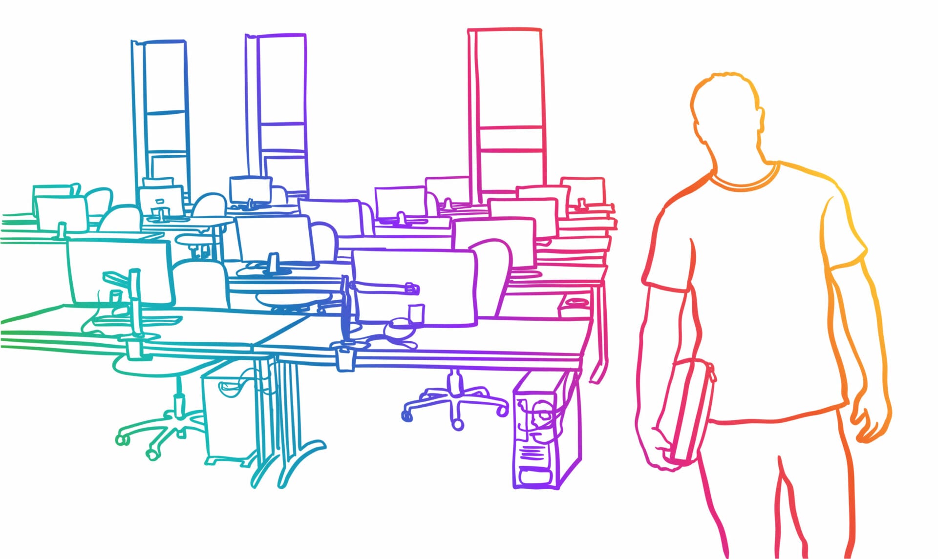 Outline image of an electrical engineer with books walking past an empty office with multiple desks and computer monitors.