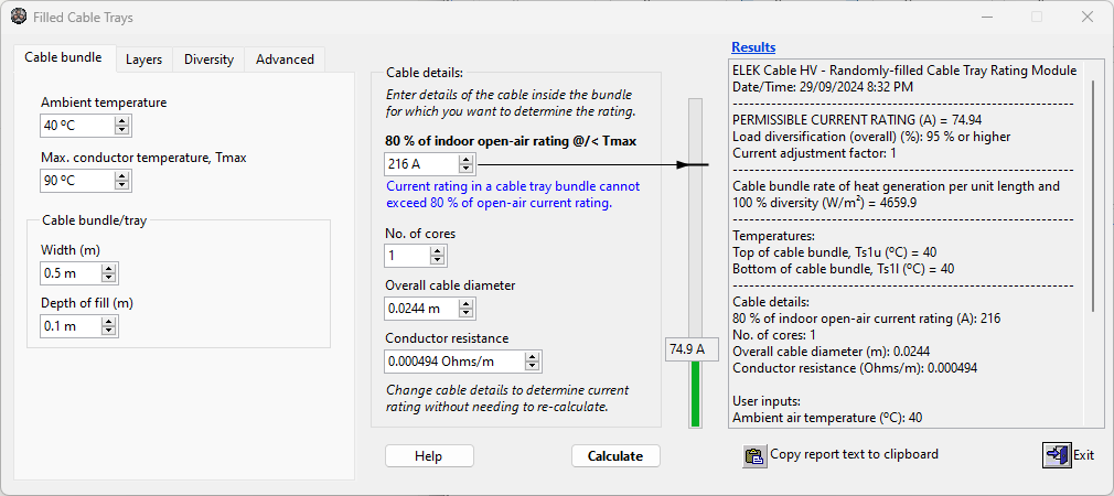 Screenshot of a cable tray rating calculator showing input fields for temperature, cable details, and results, including current rating and safety warnings.