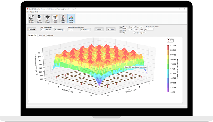 Laptop screen displaying a 3D graph with colorful peaks, labeled across X, Y, and Z axes, within geospatial surveying software interface. Laptop screen displaying a 3D graph with colorful peaks, labeled across X, Y, and Z axes, within geospatial surveying software interface.