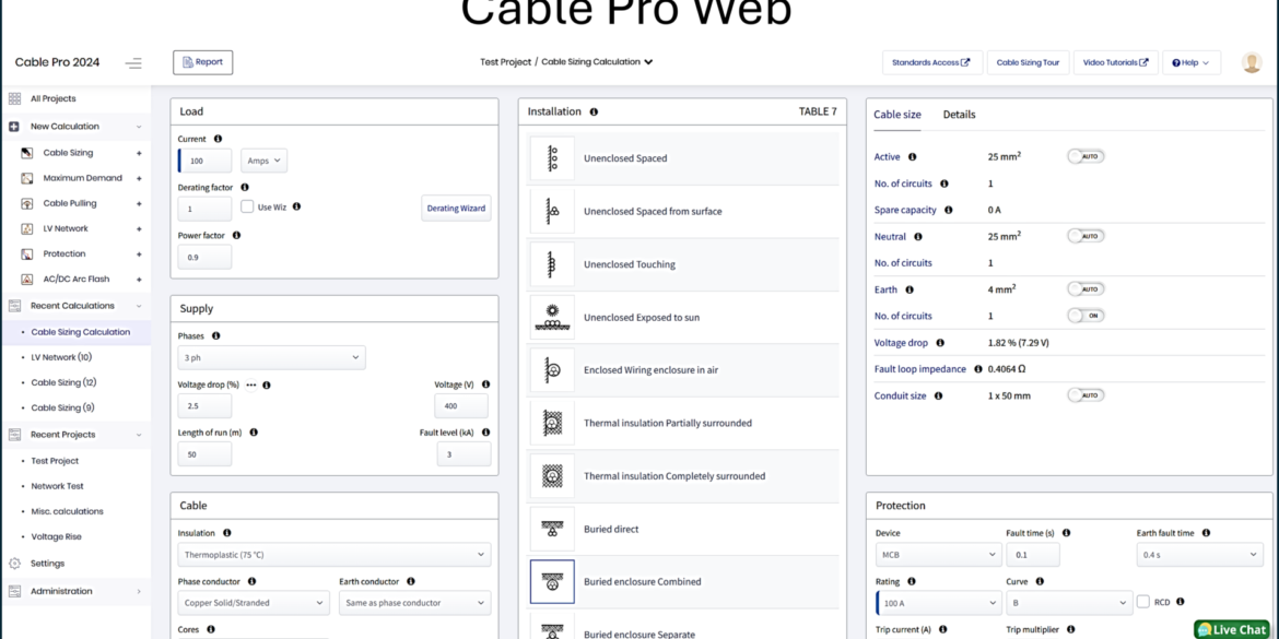名为Cable Pro Web的电缆尺寸计算软件截图