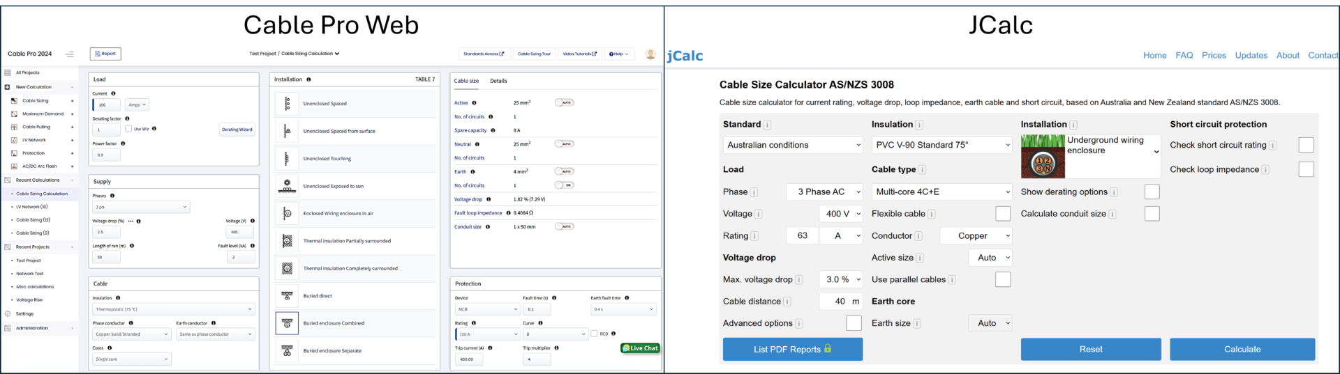 Screenshots of the cable sizing calculator software Cable Pro Web and JCalc side by side