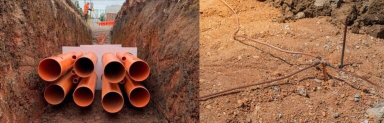 Left: Several large orange pipes are arranged in a trench. Right: Thin electrical cables are partially buried in the ground.