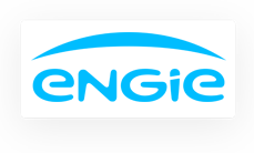 Logotipo de Engie con el nombre de la empresa en minúsculas azules y un arco sobre ellas, sobre fondo blanco y borde gris.