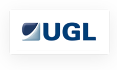Logotipo con las letras "UGL" en negrita y fuente azul, con un estilizado diseño de swoosh azul y gris a la izquierda, sobre fondo gris.