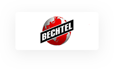 Logotipo con un globo terráqueo rojo y gris en el que figura el texto "BECHTEL" en letras negras y en negrita sobre una bandera diagonal.