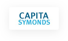 Logo avec le texte "CAPITA SYMONDS" en bleu sur fond de rectangle blanc, centré dans un rectangle gris arrondi.