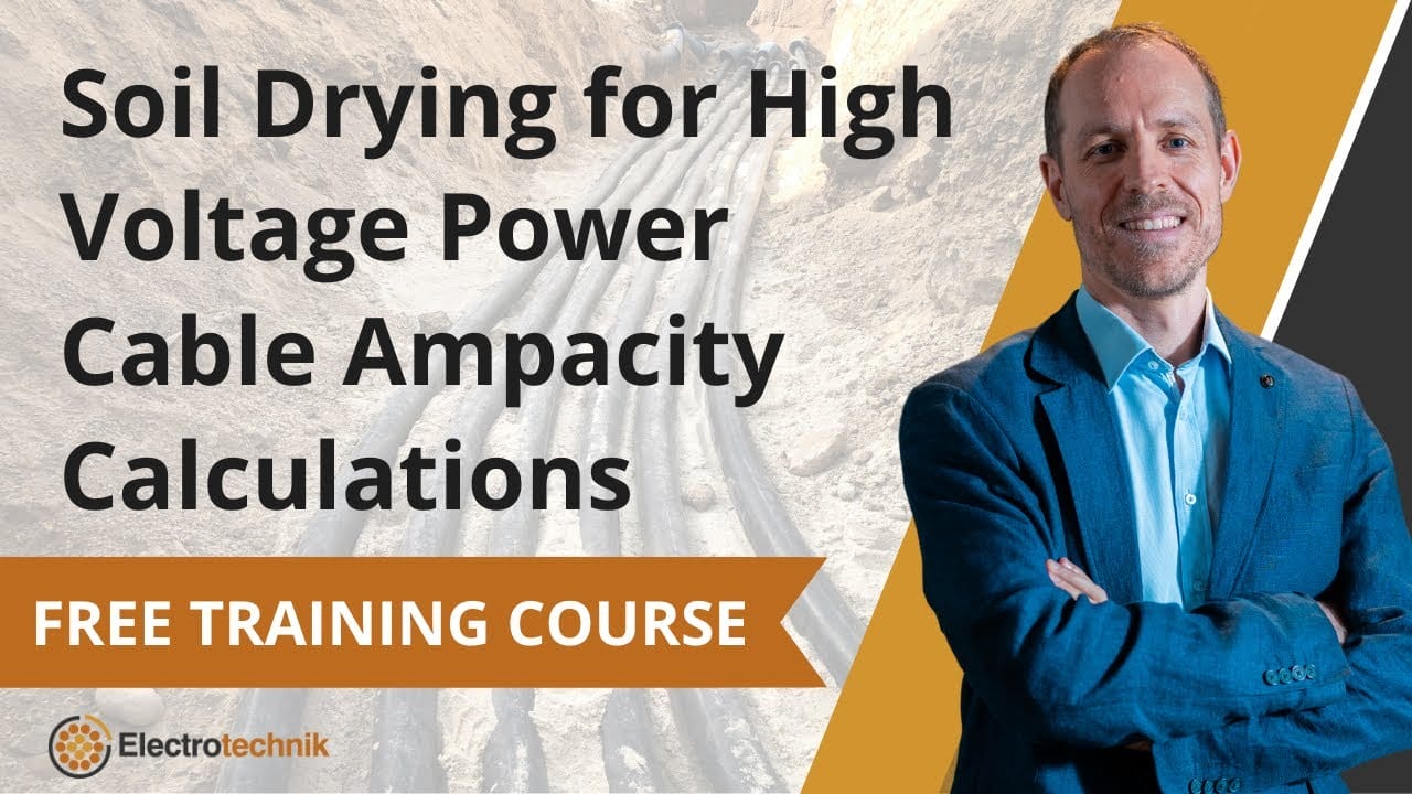 A man in a suit stands with arms crossed next to text promoting a free training course on soil drying for high voltage power cable ampacity calculations.