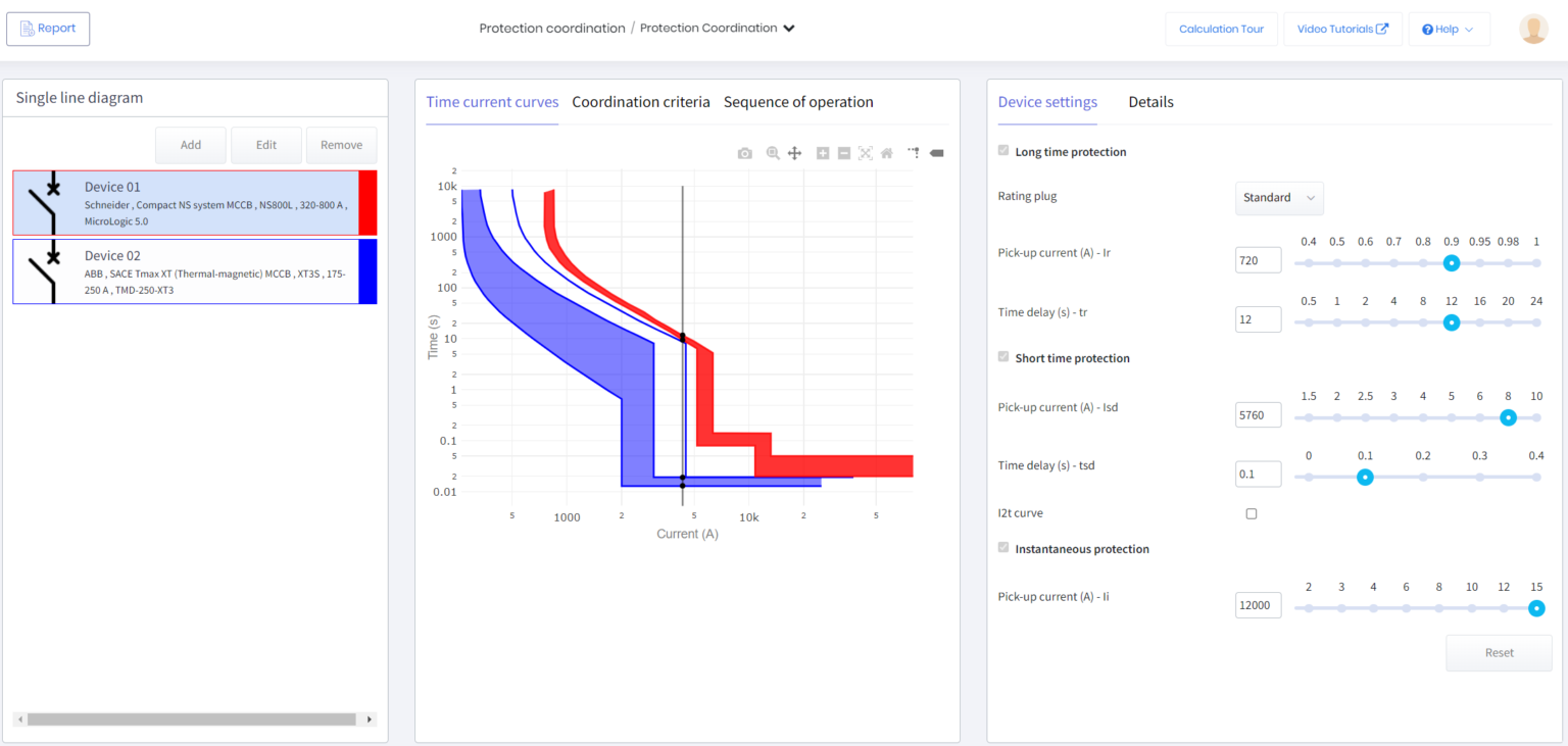 Screenshot of a protection coordination interface showing a single-line diagram, time-current curves graph, and adjustable device protection settings and details on the right.