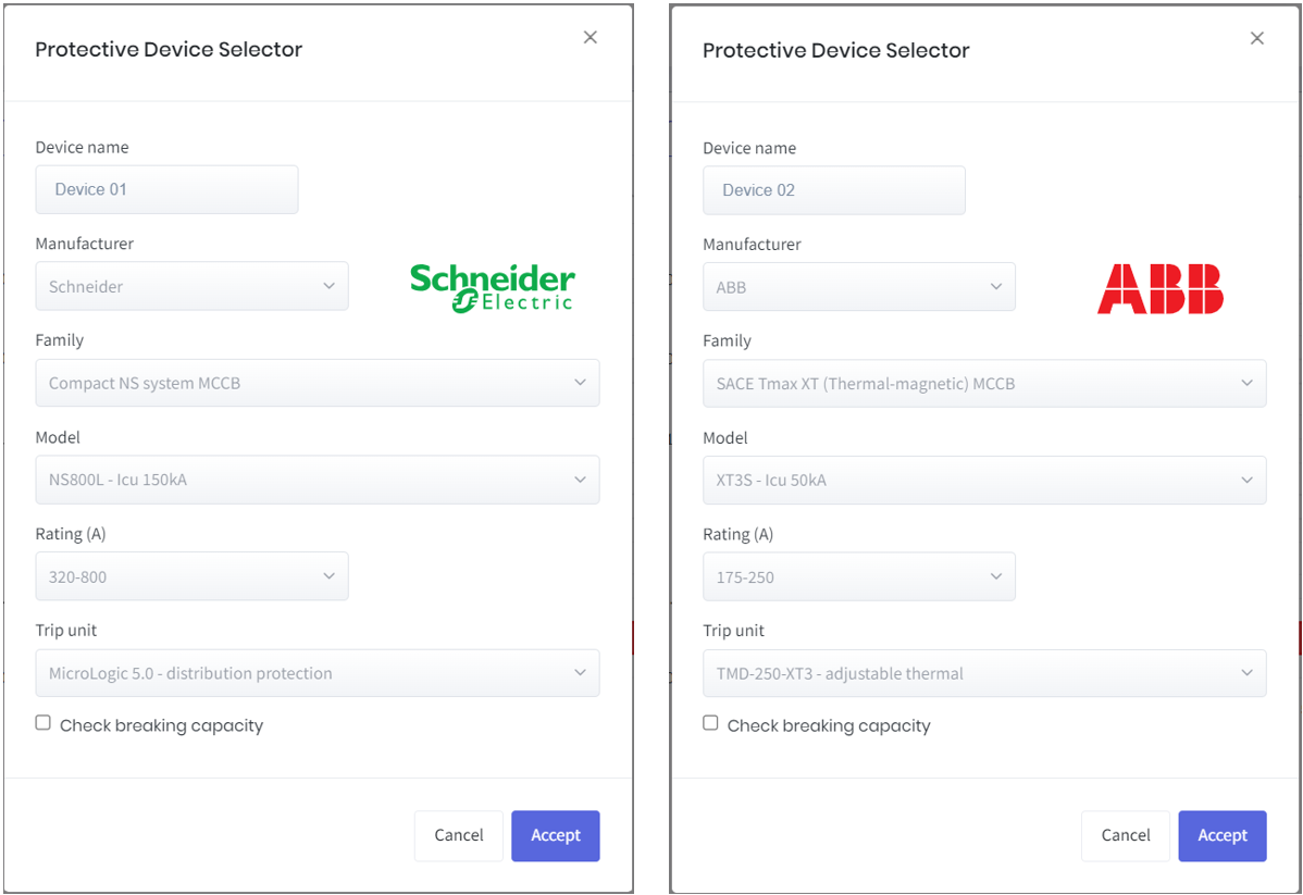Two side-by-side forms labeled "Protective Device Selector" display device selection fields, manufacturer logos (Schneider Electric and ABB), and various dropdown and input options.