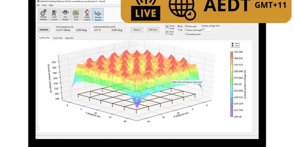 Laptop screen displaying a 3D surface plot in scientific software, with a “LIVE” notice and “AEDT GMT+11” time zone banner overlay at the top right.