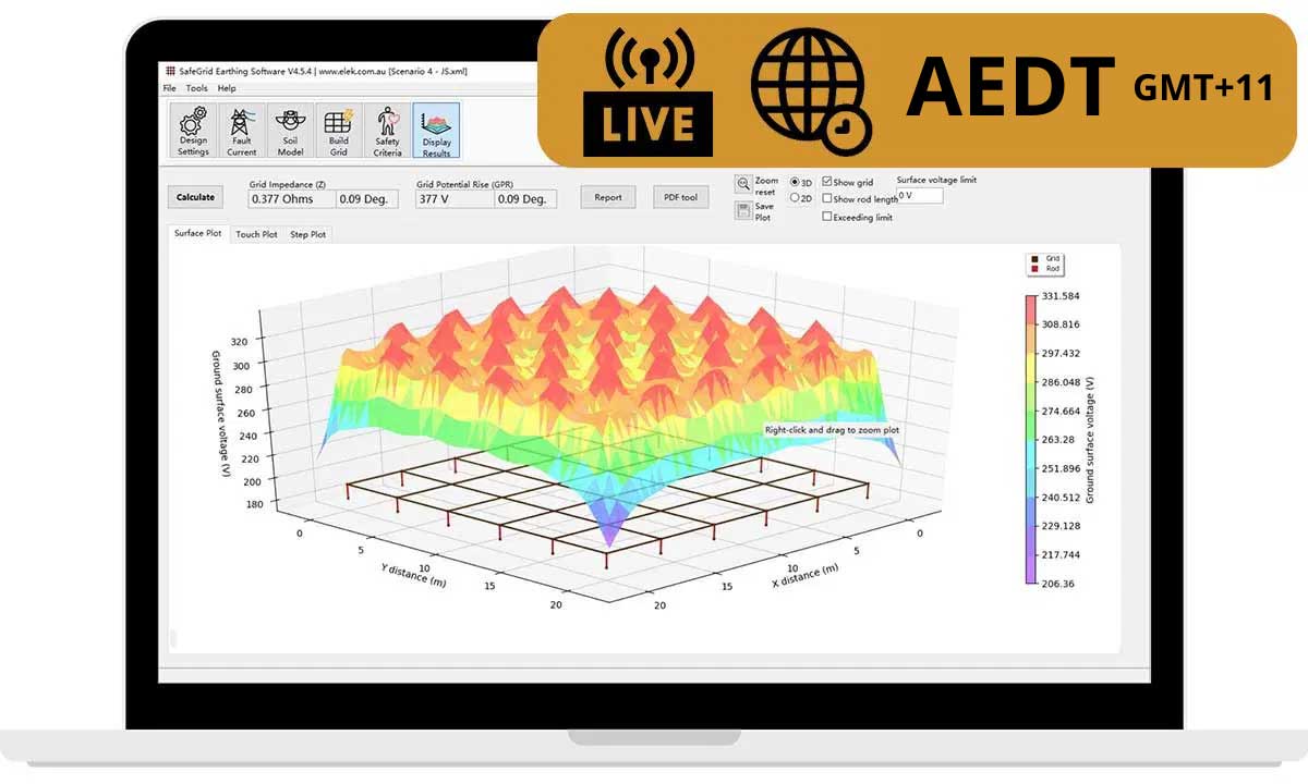 Ecrã de computador portátil que apresenta um gráfico de superfície 3D num software científico, com um aviso "LIVE" e uma faixa de fuso horário "AEDT GMT+11" no canto superior direito.