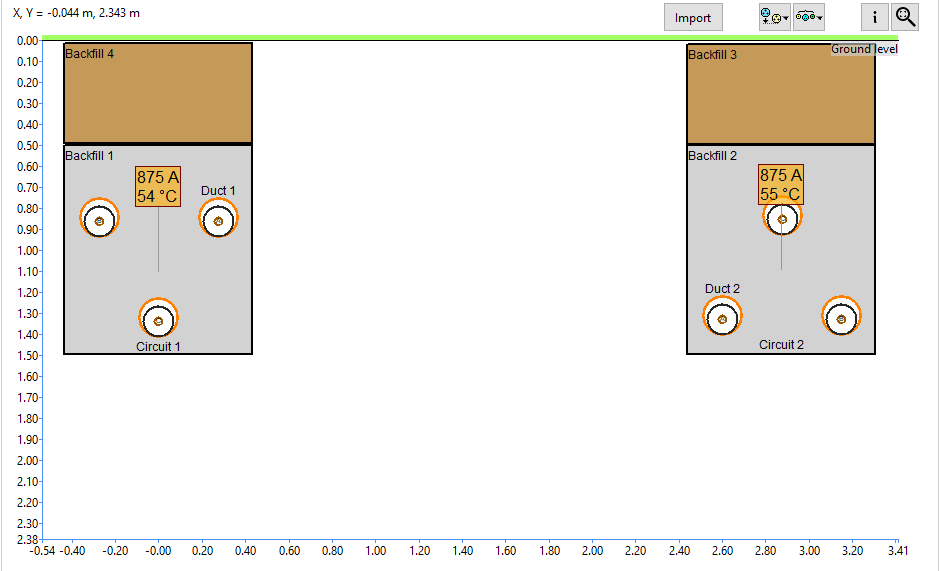 Diagram showing two separate circuits, each with a Bacdill unit and ducts, displaying current (875 A) and temperature (54&deg;C and 55&deg;C) values under ground level.