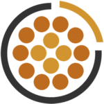 Eine kreisförmige Anordnung von 13 orangefarbenen und gelben Punkten ist von einem unterbrochenen schwarz-goldenen Ring umgeben, der einen unvollständigen Rand bildet.