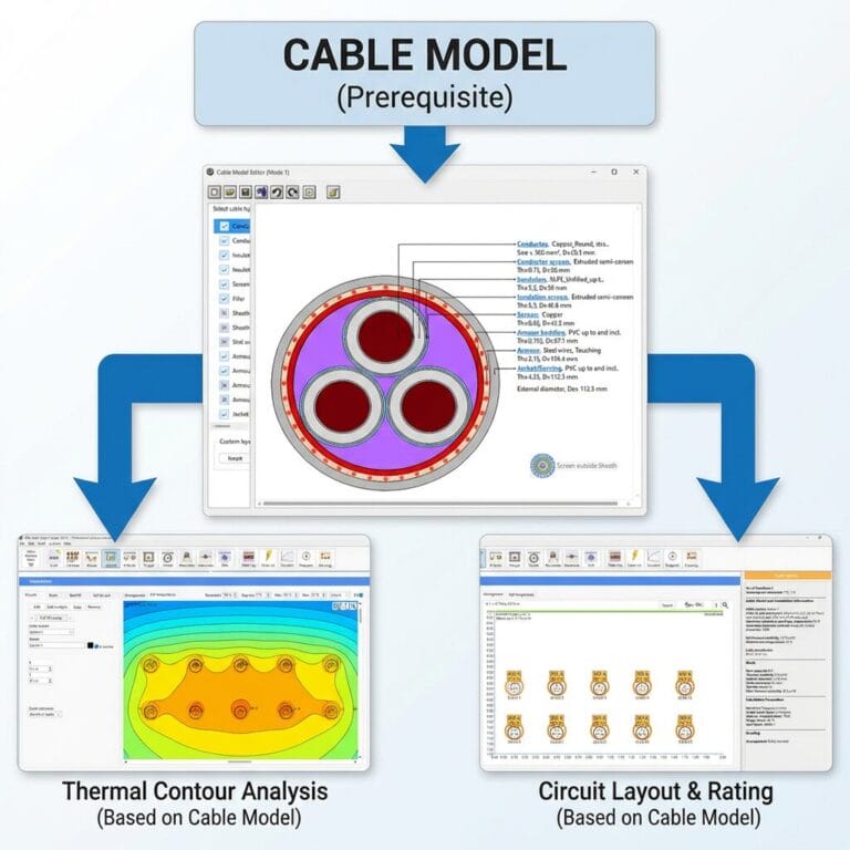 Flowchart illustrating a cable model leading to thermal contour analysis and circuit layout & rating, with software interface screenshots for each step.