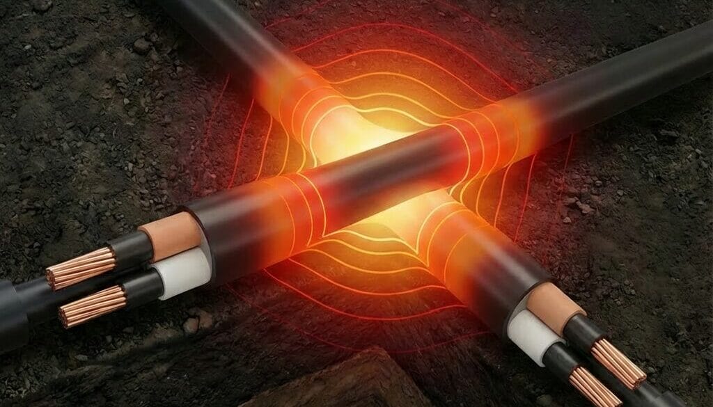 Four electrical cables cross underground, emitting a glowing red light at the intersection point, indicating heat or energy transfer, with soil visible around the cables.