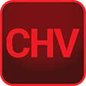 Roter quadratischer Knopf mit den fettgedruckten roten Buchstaben „CHV“ in der Mitte auf einem dunkelroten Hintergrund mit Farbverlauf.