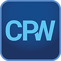 Blaues quadratisches Symbol mit den hellblauen Buchstaben „CPW” in Fettschrift, zentriert auf dunkelblauem Hintergrund.