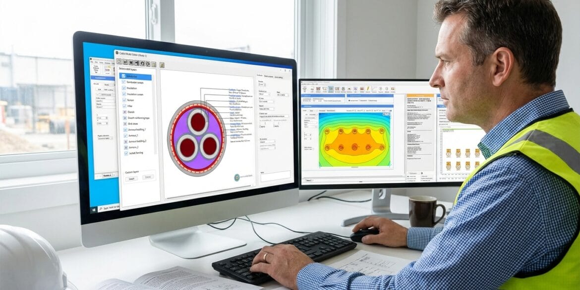 A man wearing a safety vest works at a desk with two computer monitors displaying engineering software and technical diagrams.