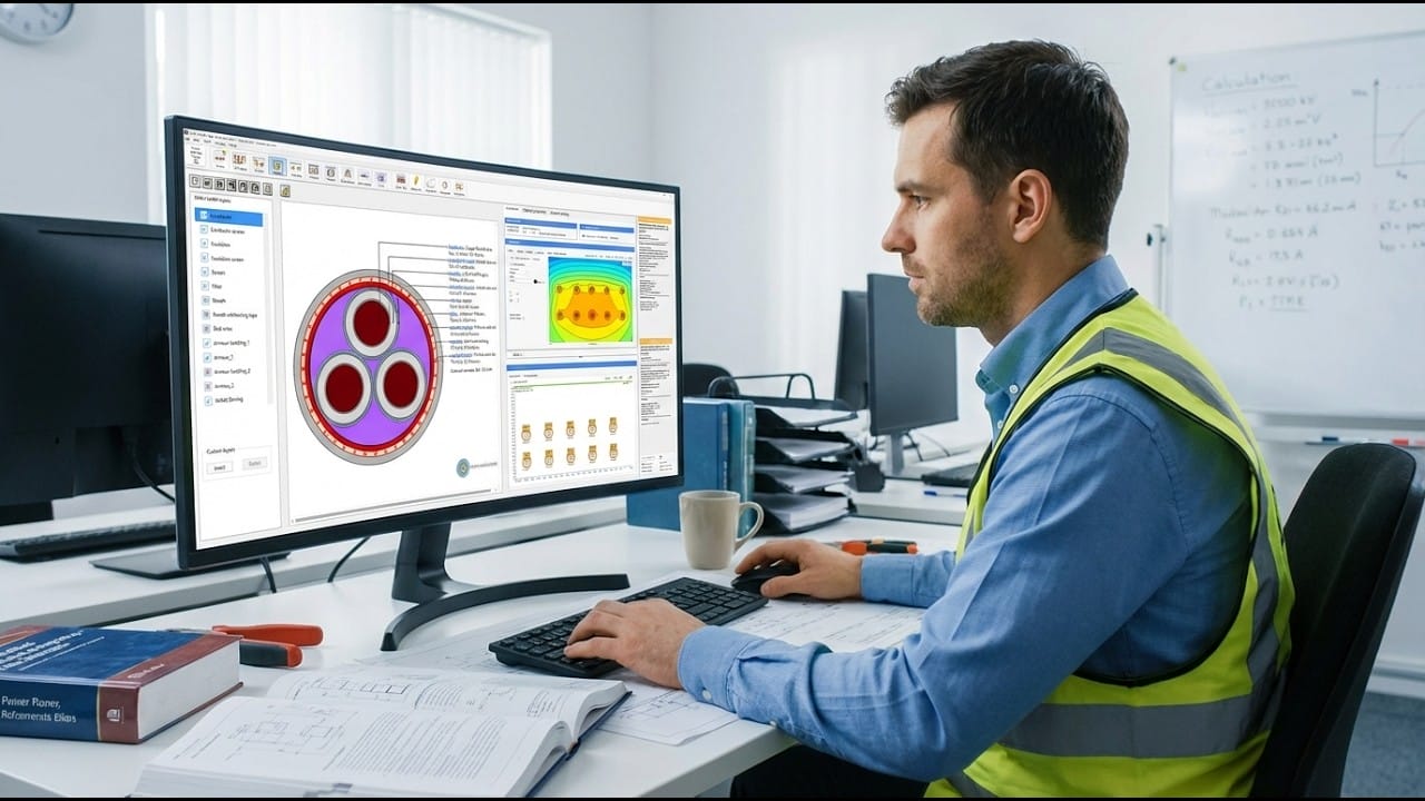 Ein Mann in einer Sicherheitsweste arbeitet an einem Schreibtisch und analysiert technische Diagramme auf einem Computerbildschirm in einem Büro mit technischen Dokumenten und einer Weißwandtafel im Hintergrund.