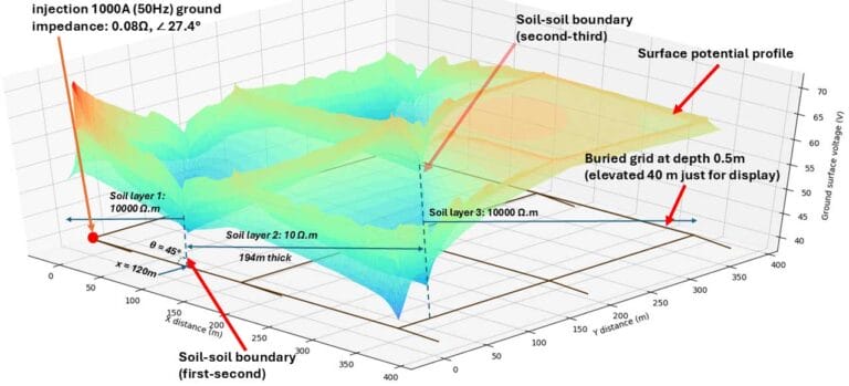 3D surface plot showing ground surface voltage profile with labeled soil layer boundaries, buried grid at 0.5m depth, and annotations for soil layer thickness and grid elevation for display.