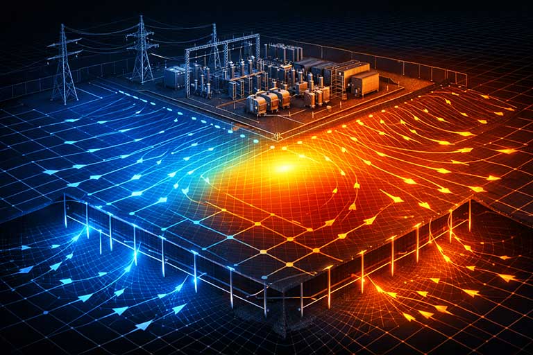 Digital illustration of an electrical substation with blue and orange energy flows, representing the transfer and distribution of electrical power in a grid network.