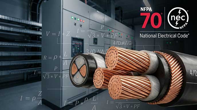 NEC wire sizing calculation example showing 4/0 AWG conductor selection with ampacity, voltage drop, and NFPA 70 electrical code reference