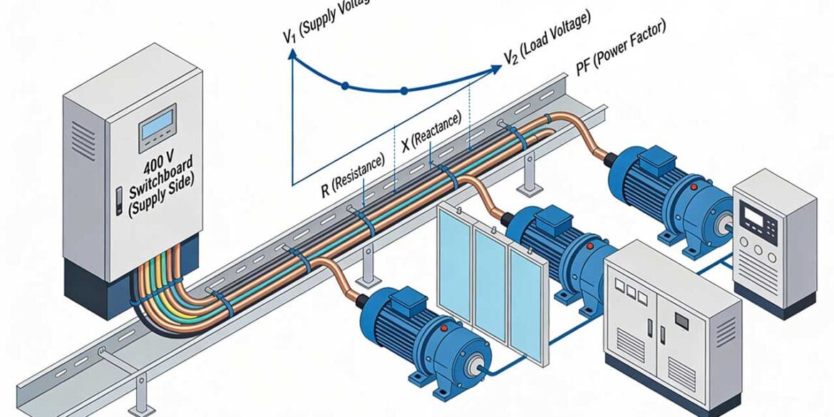 Diagram showing a 400V switchboard supplying power through cables with resistance and reactance to three motors and a control panel, illustrating supply and load voltage and power factor.