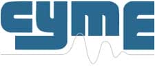 Logo with the word "CYME" in bold blue letters and a faint gray waveform line running horizontally beneath the text.