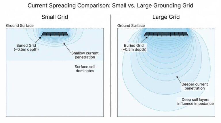 Diagram comparing small and large grounding grids, showing that the large grid enables deeper current penetration and interaction with more soil layers than the small grid.