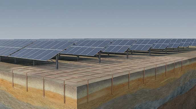 Grounding grid beneath a large solar farm showing soil resistivity variation across the site